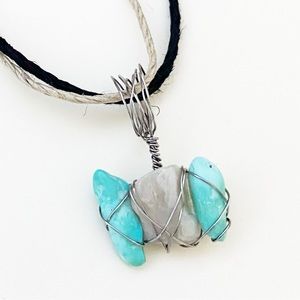 3/$40 Handcrafted Raw Turquoise & Moonstone Silver Wire Wrapped Pendant Necklace